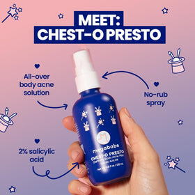 Megababe Chest-o Presto mist spraying onto skin demonstrating easy, no-rub application