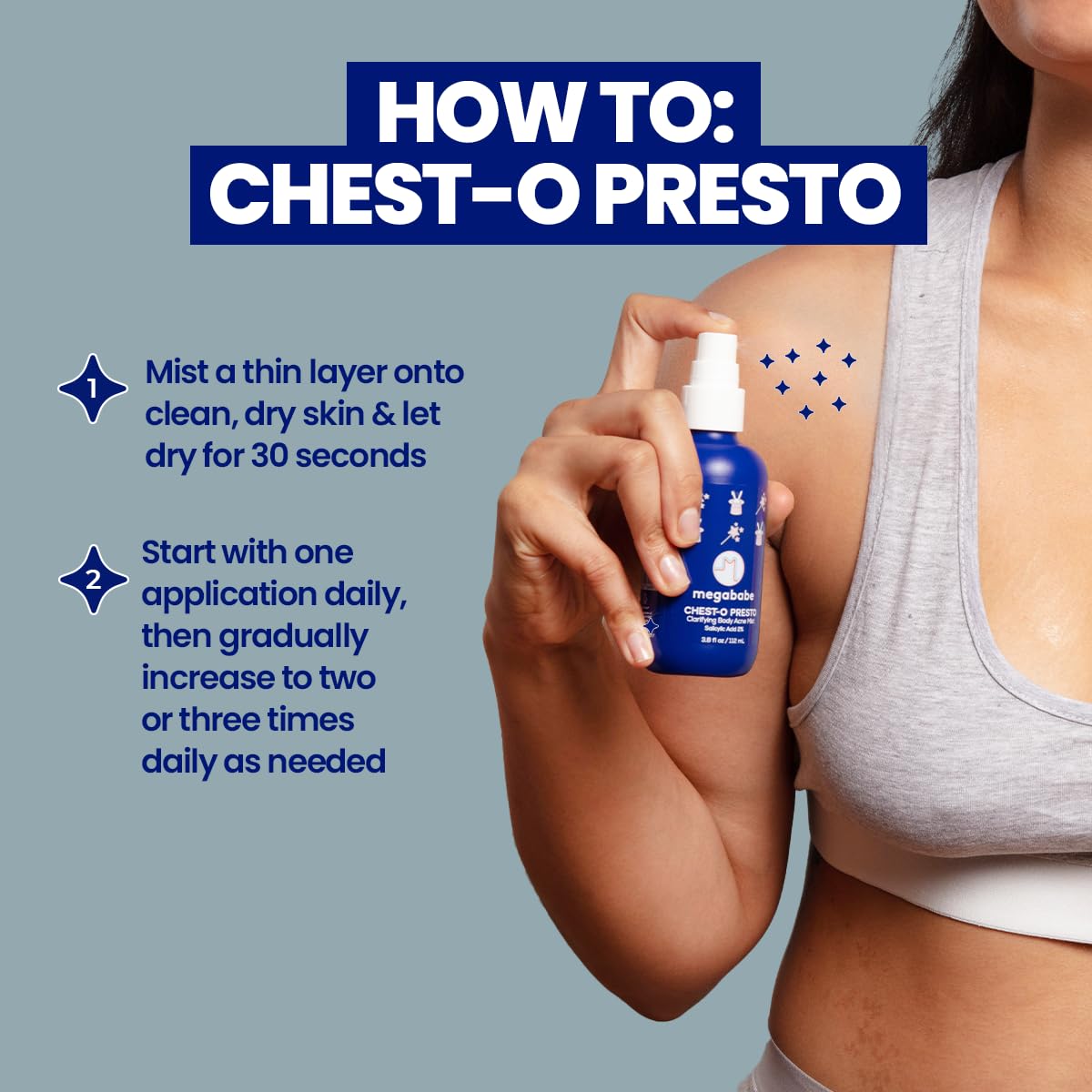 Megababe Chest-o Presto mist on skin texture illustrating fast-drying, non-sticky finish