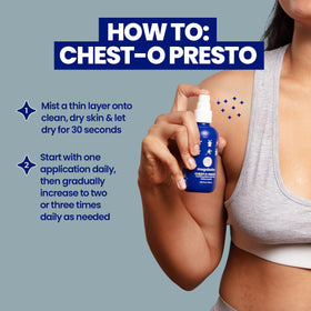 Megababe Chest-o Presto mist on skin texture illustrating fast-drying, non-sticky finish