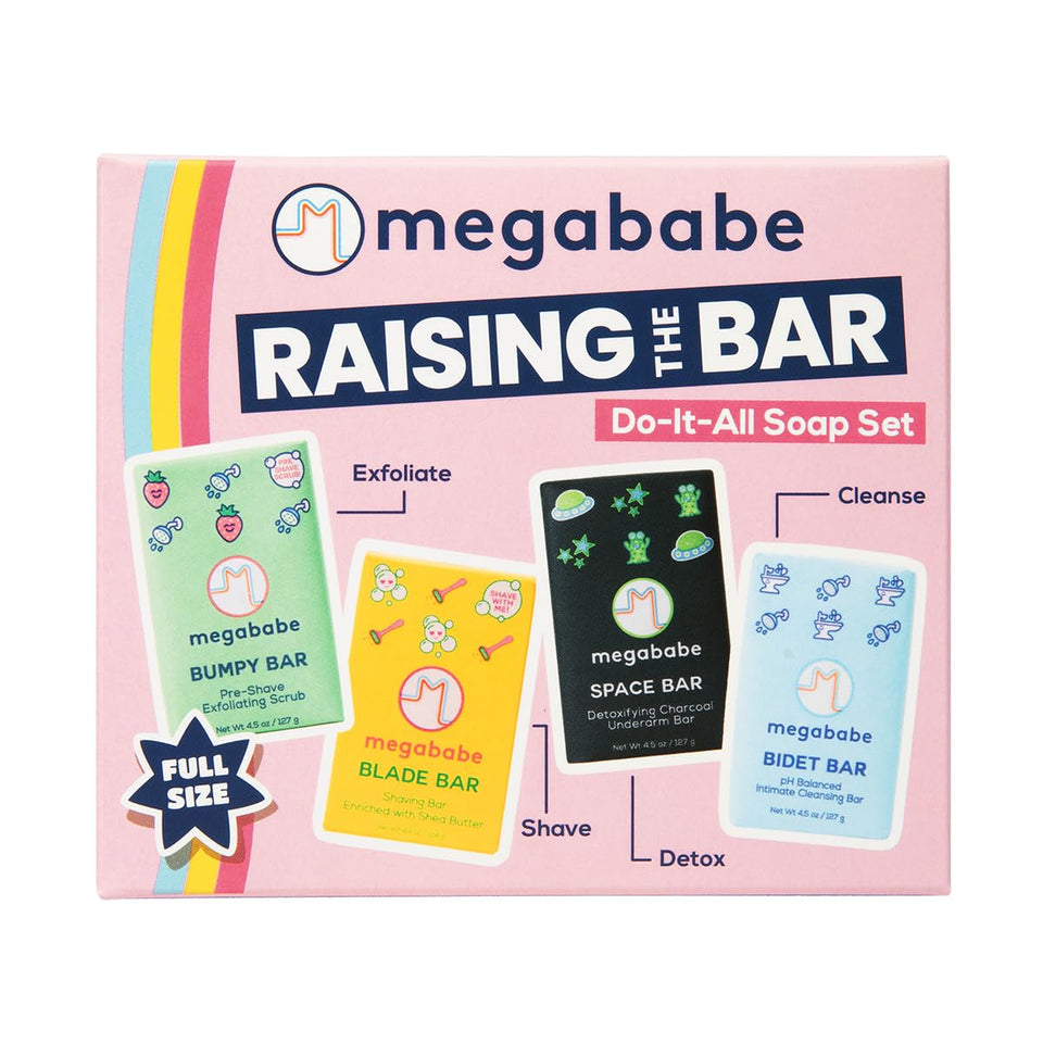Megababe four-bar set front packaging showcasing all bars and eco gift benefits