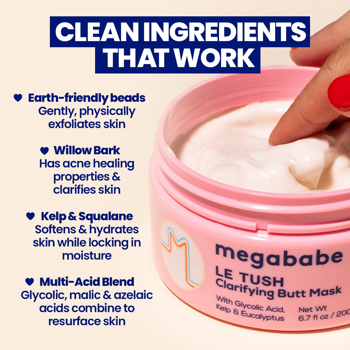 Megababe cream texture close-up showing exfoliating beads and consistency