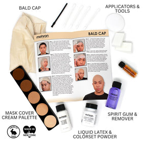 Mehron bald cap being applied on model demonstrating secure, smooth coverage