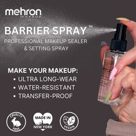 Mehron Barrier Spray used in bridal application showcasing long-wear protection for events