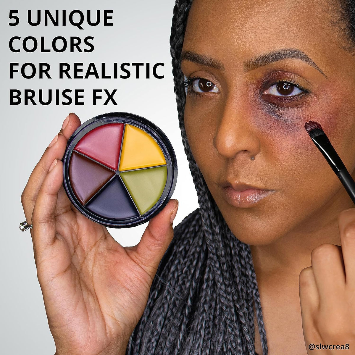 Mehron bruise wheel swatched on forearm showing blended colors for realistic effects