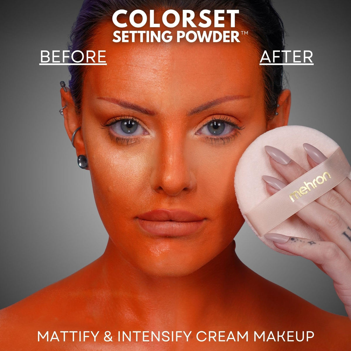 Mehron Colorset translucent jar with powder swatch on white surface demonstrating colorless finish