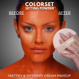 Mehron Colorset translucent jar with powder swatch on white surface demonstrating colorless finish