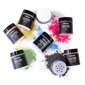 Close-up of Mehron Colorset translucent label highlighting ingredients and professional branding