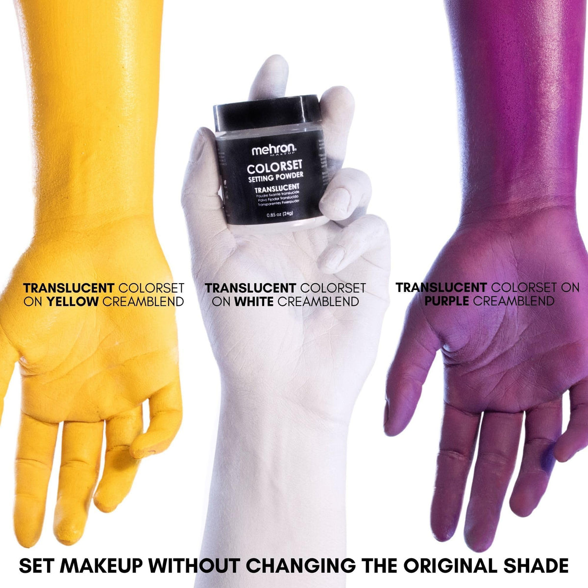 Mehron Colorset translucent powder on arm next to coin for scale showing product size