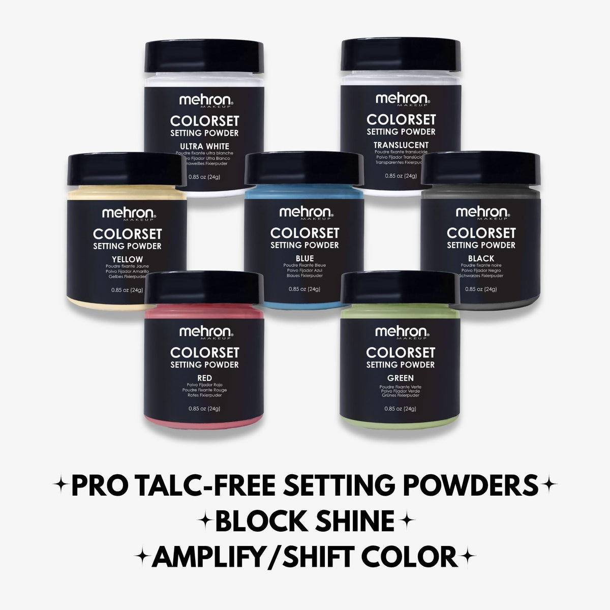 Mehron Colorset translucent pictured with colored powders showing range and creative use