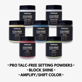 Mehron Colorset translucent pictured with colored powders showing range and creative use