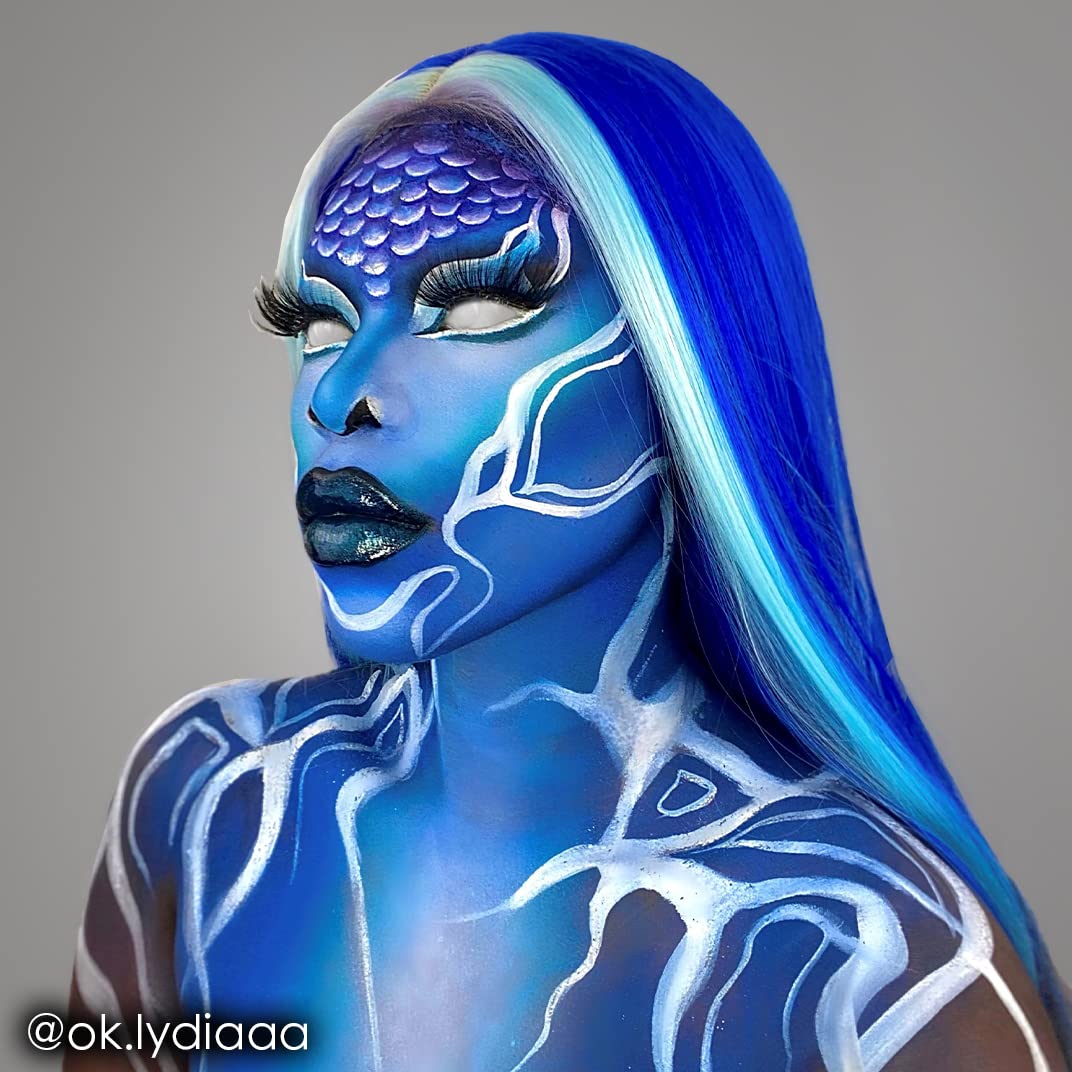 Mehron CreamBlend Stick blue swatched on hand to show color payoff and buildability
