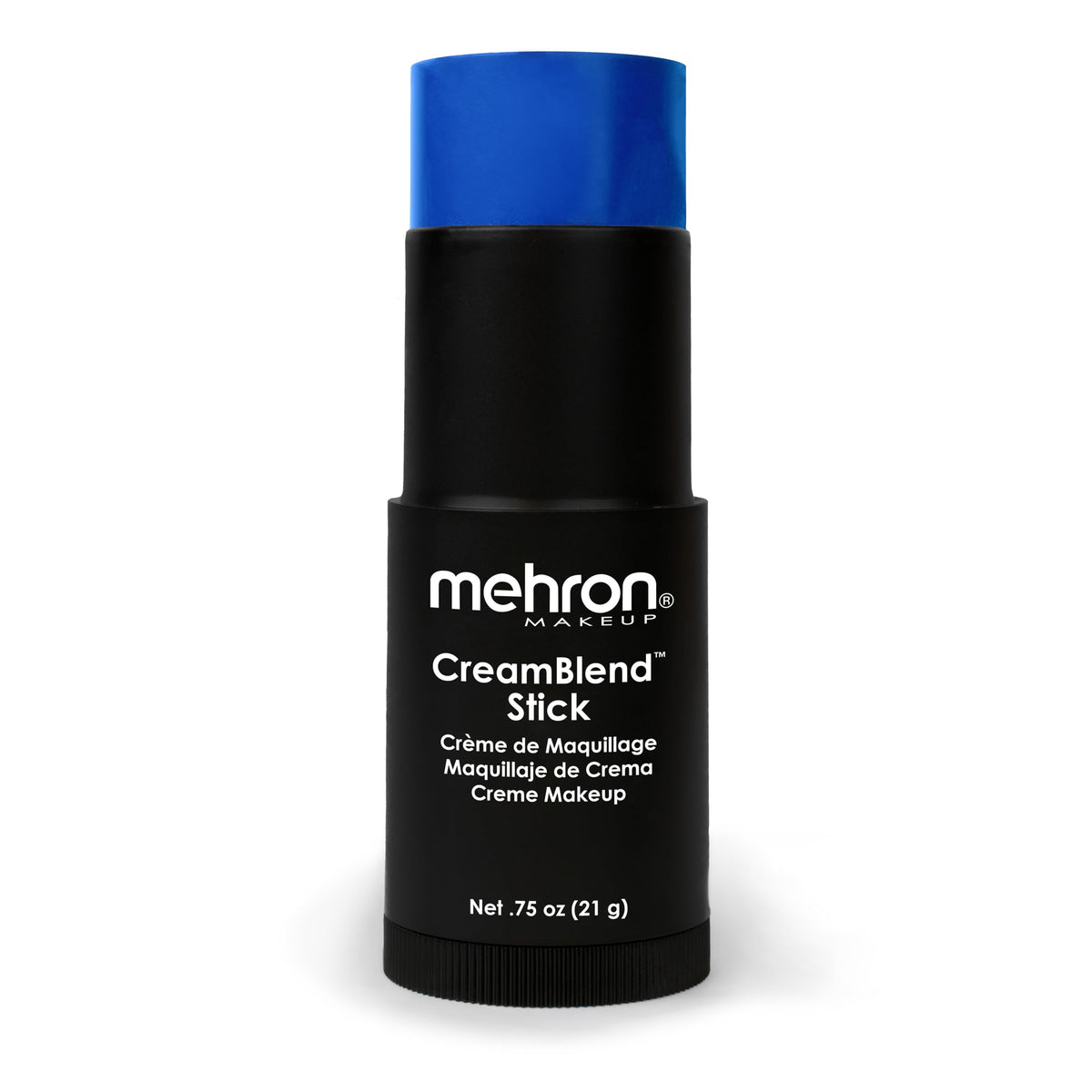 Mehron CreamBlend Stick blue front view showing compact stick and bold pigment