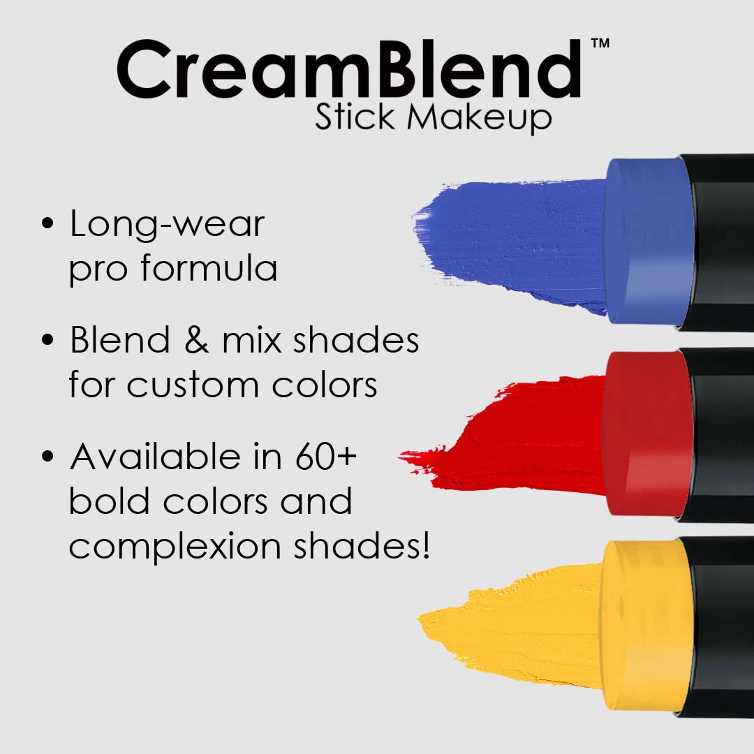Mehron CreamBlend Stick blue label close-up showing Mehron branding and .75 oz weight