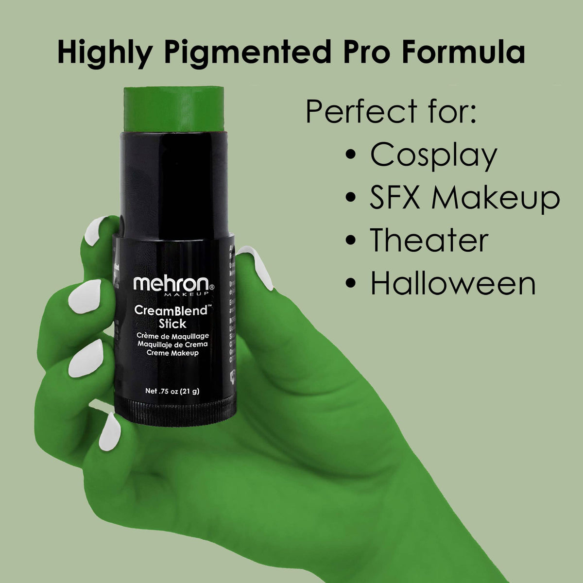 Mehron green cream on model face for cosplay showing vibrant color payoff