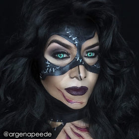 Mehron CreamBlend Stick applied on model's face demonstrating bold black coverage