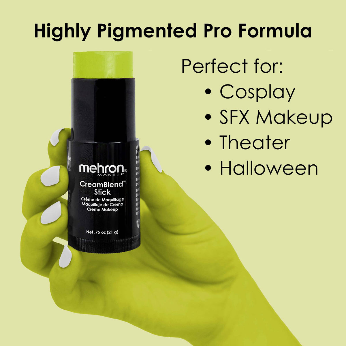 Mehron CreamBlend Stick detailed eye contour using Ogre Green for dramatic effect