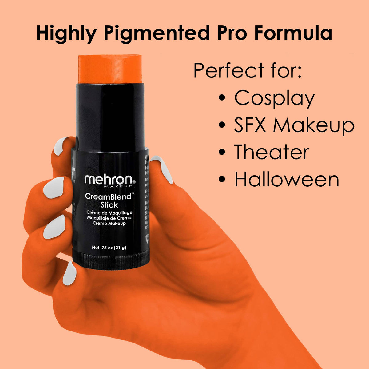 Mehron CreamBlend stick half-face application demonstrating blendable orange coverage