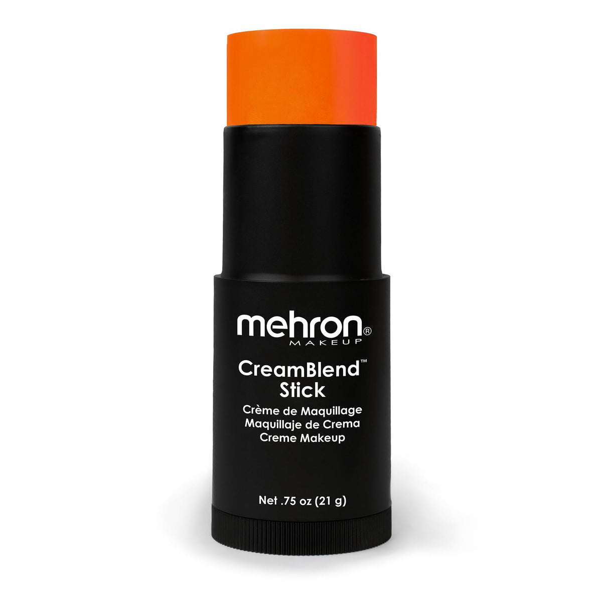 Mehron CreamBlend stick front packaging shows vibrant orange shade and compact size