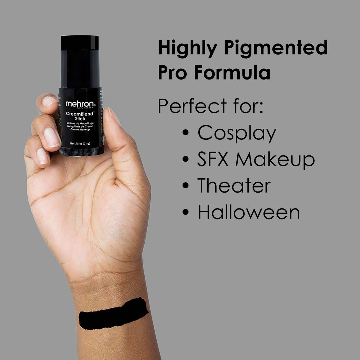 Mehron CreamBlend Stick swiped on arm showing intense pigmentation and even color
