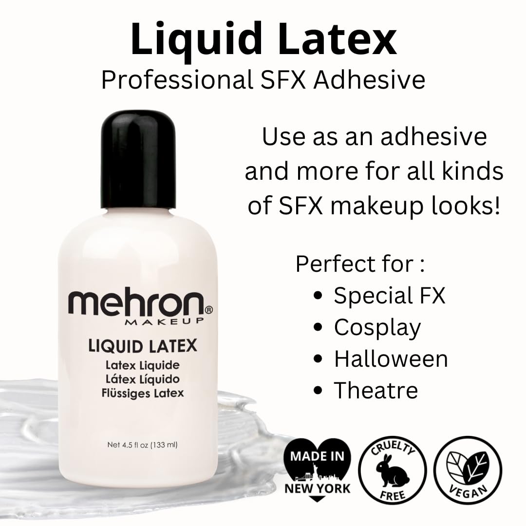 Mehron liquid latex on brush ready to apply for precise adhesive control benefit