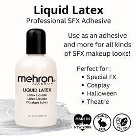 Mehron liquid latex on brush ready to apply for precise adhesive control benefit
