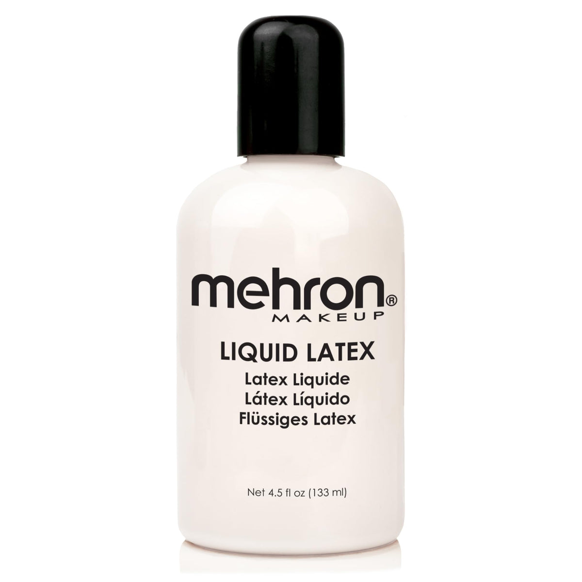 Mehron bottle front view showing clear latex and professional branding benefit