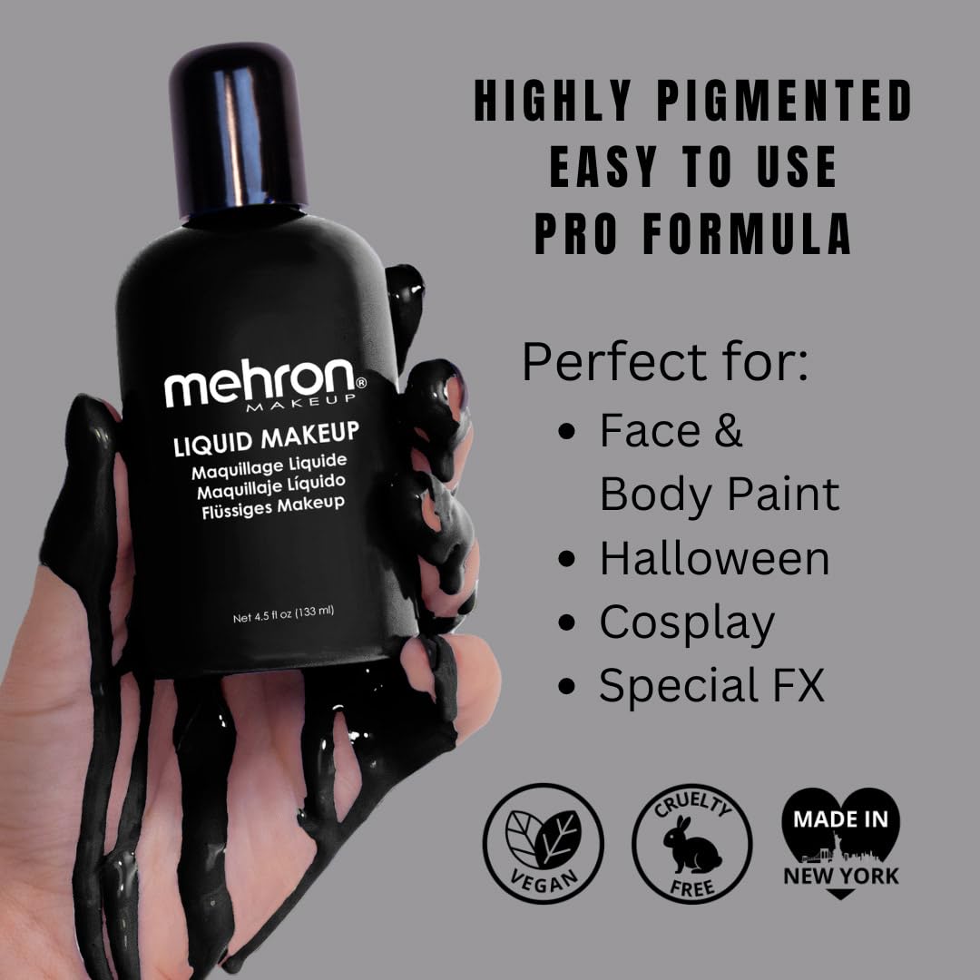 Mehron black liquid makeup texture close-up showing smooth pigmented finish for coverage