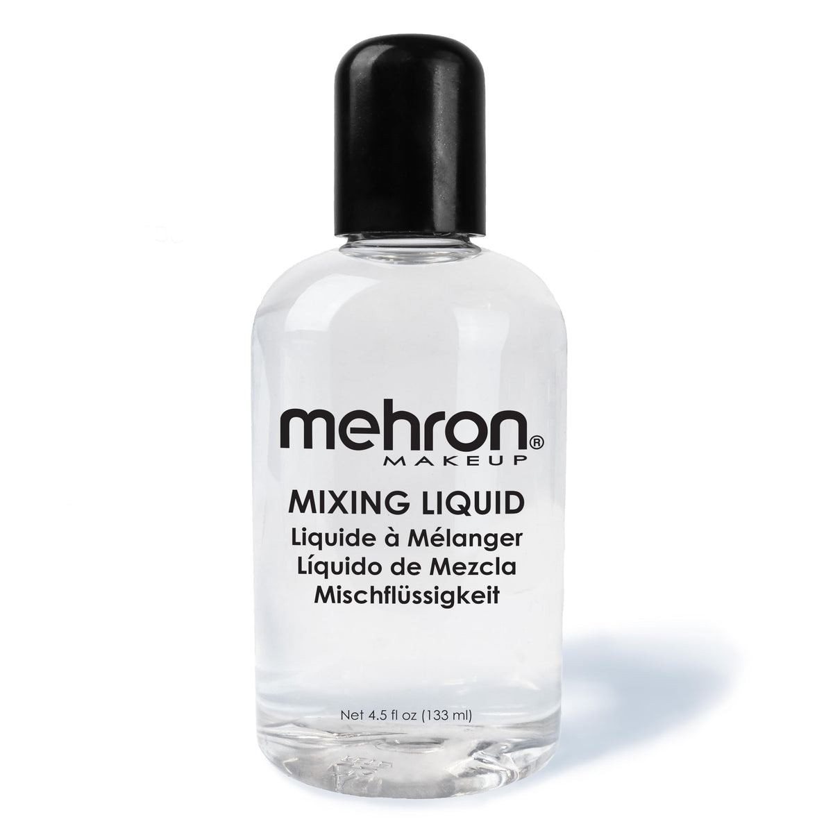 Mehron mixing liquid front packaging showing clear bottle and label benefits