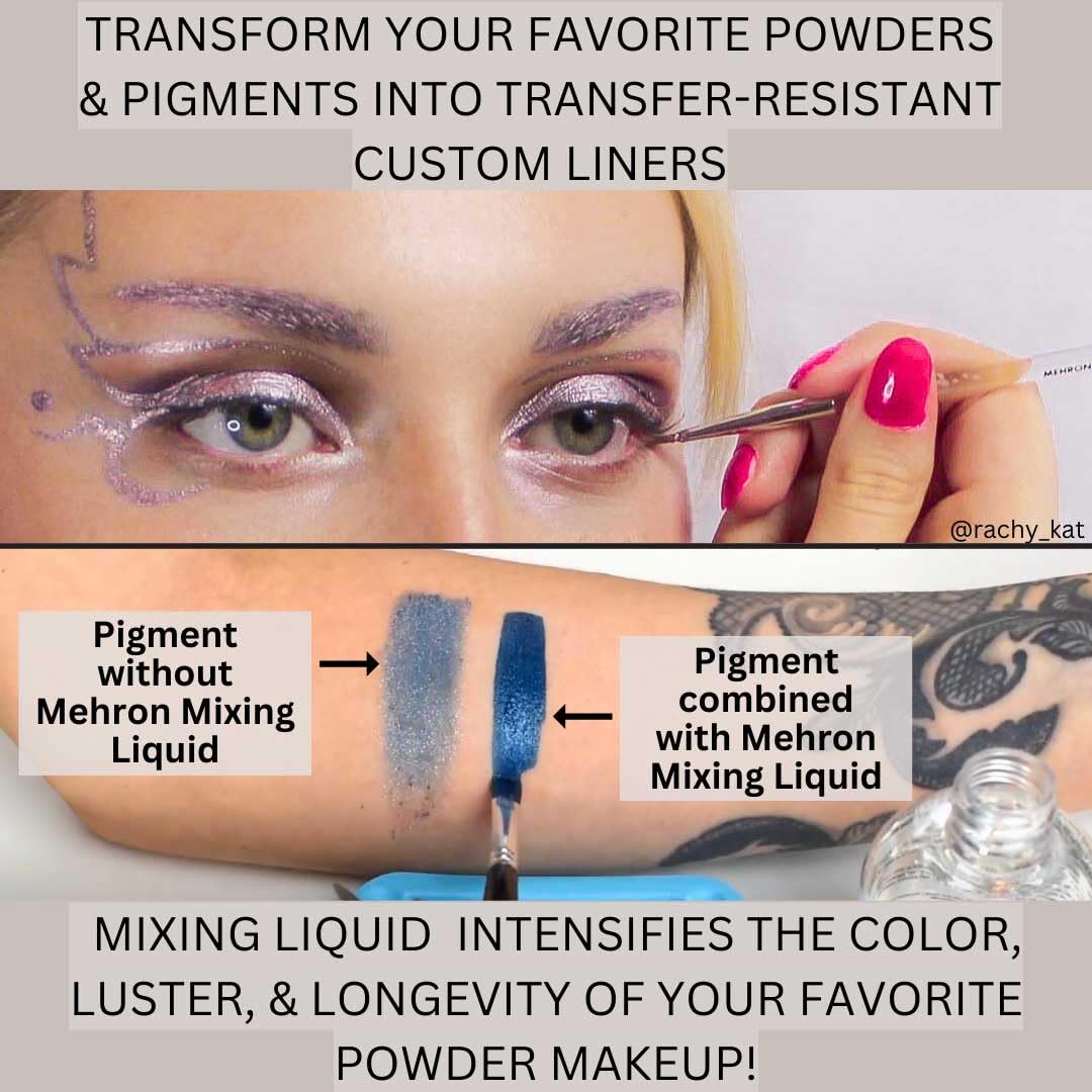 Mehron mixing liquid bottle beside a ruler to show 4.5 fl oz scale