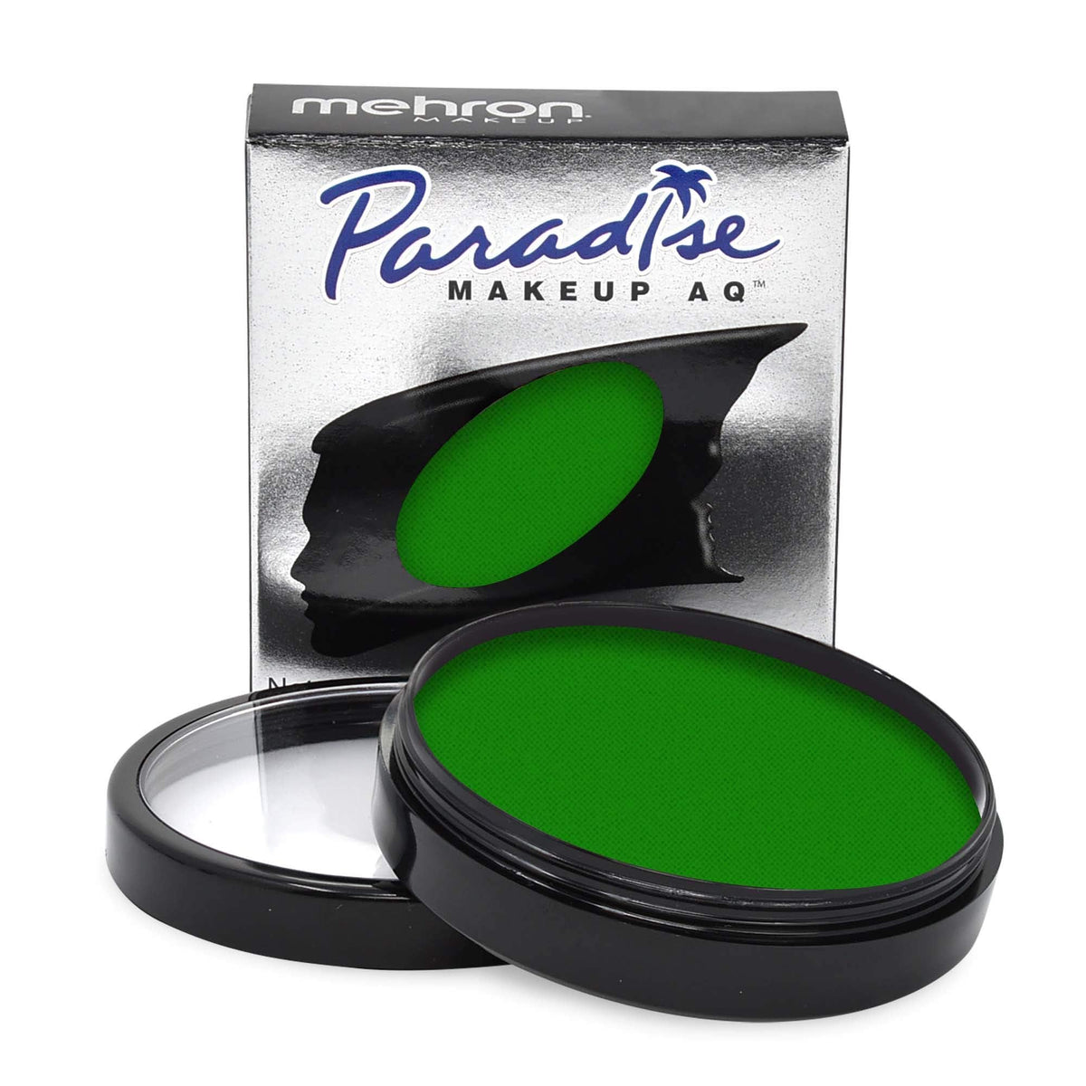 Mehron pan front view showing Amazon Green color and brand for bold stage looks