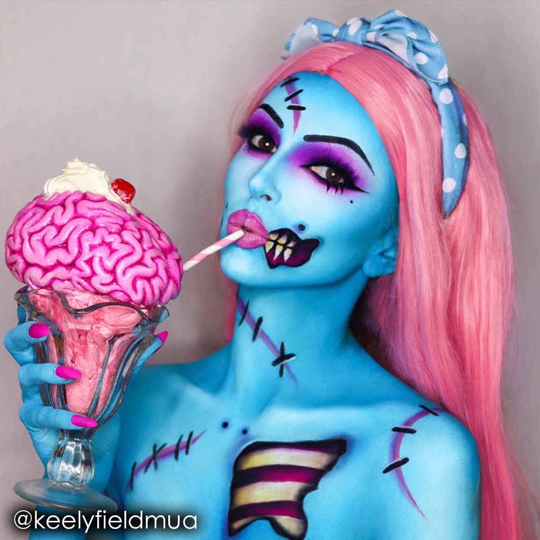 Mehron Paradise AQ painted model face with light blue design illustrating stage effect