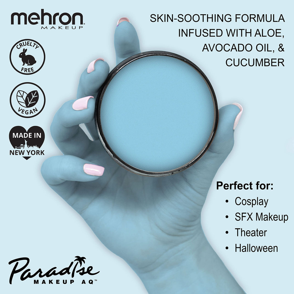 Mehron Paradise AQ dry matte texture detail showing smooth, photo-ready finish