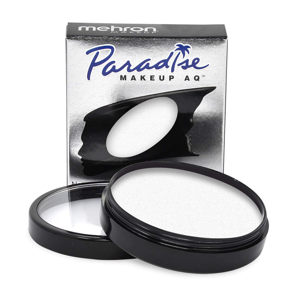 Mehron Paradise white front pot showing clear label and compact size benefit