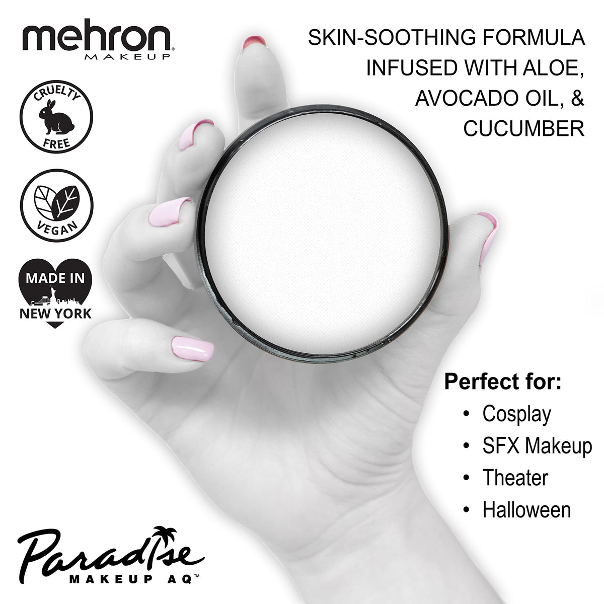 Mehron Paradise white held in hand to show scale and portability benefit