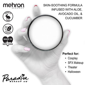 Mehron Paradise white held in hand to show scale and portability benefit