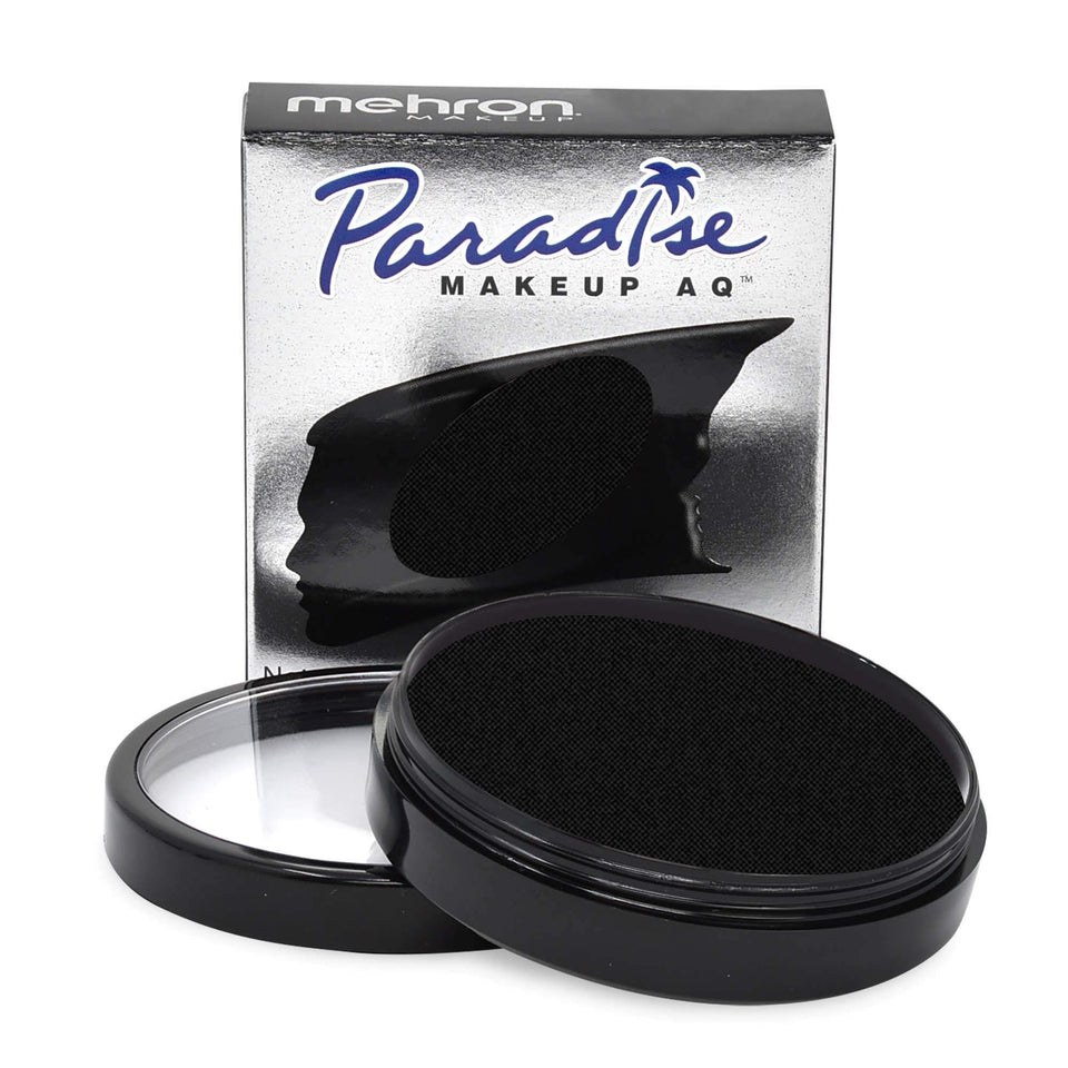 Mehron Paradise makeup black front pan showing deep matte pigment and professional quality