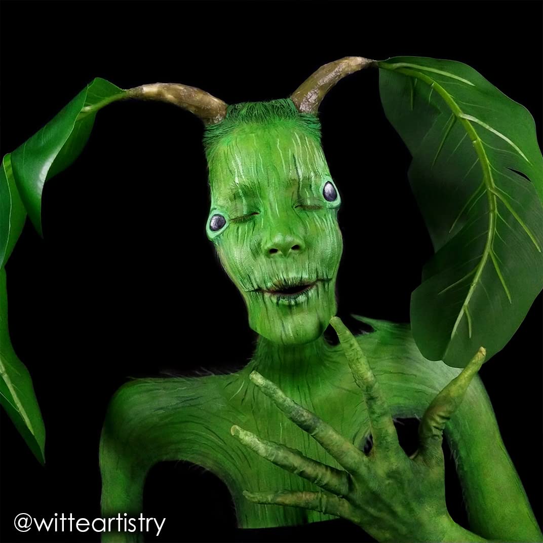 Mehron full body painting with Amazon Green showcasing even coverage for costumes