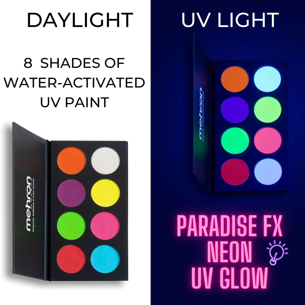 Mehron Paradise FX neon colors glowing under blacklight at a rave or stage