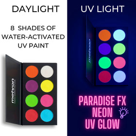 Mehron Paradise FX neon colors glowing under blacklight at a rave or stage