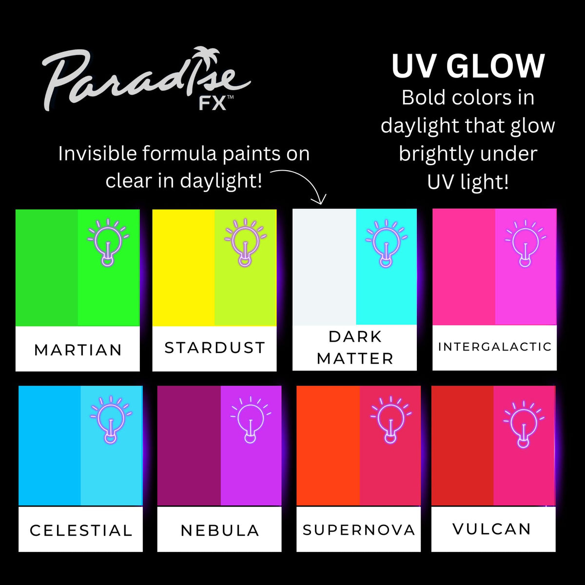 Model wearing Mehron Paradise FX neon makeup for cosplay, high-impact UV effect