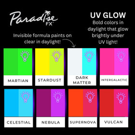 Model wearing Mehron Paradise FX neon makeup for cosplay, high-impact UV effect