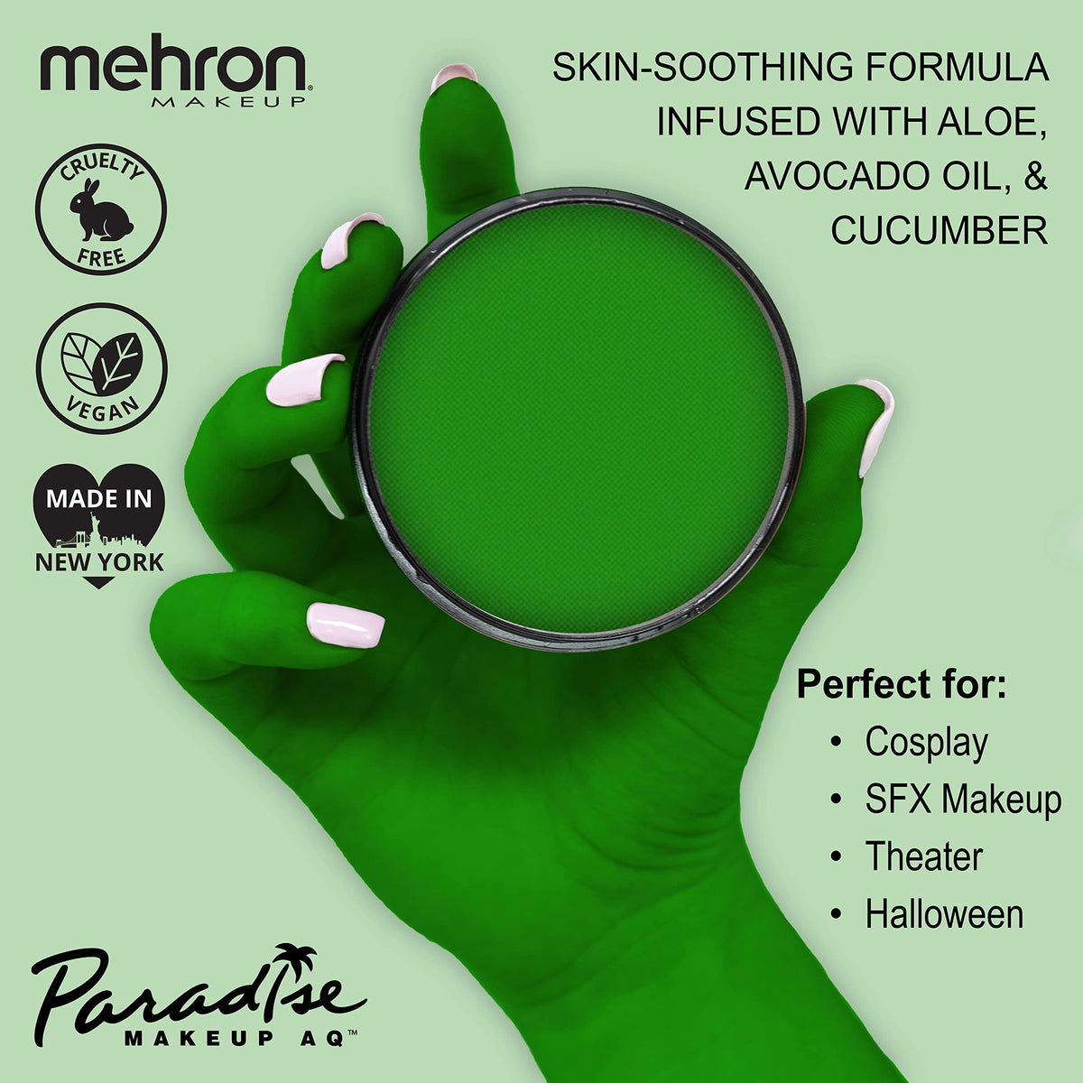 Mehron face painting in use with Amazon Green on model demonstrating vibrant payoff