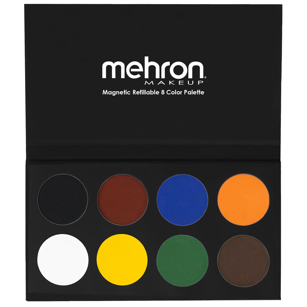 Mehron palette front view showing eight vivid colors and magnetic tray benefits