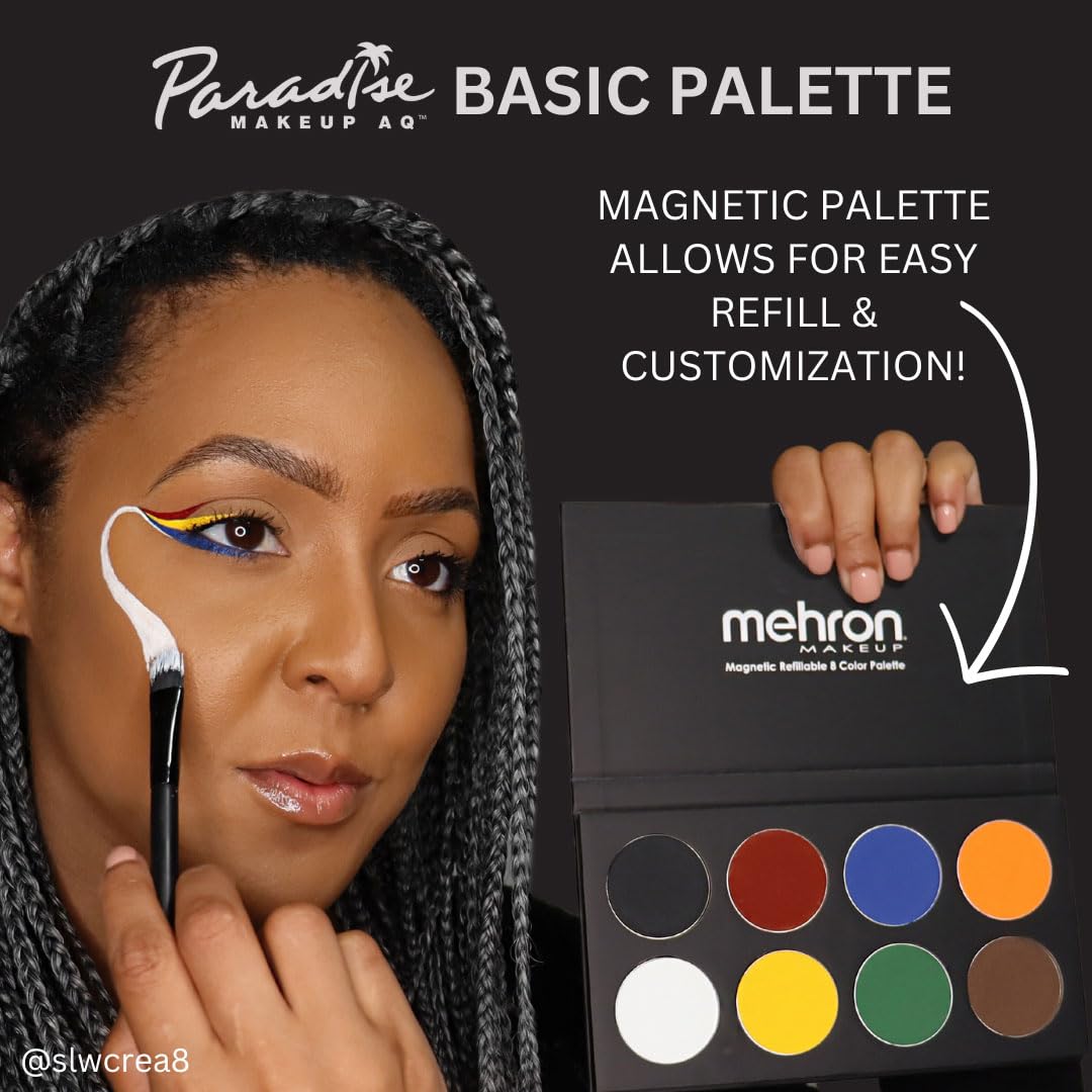 Mehron palette held in hand showing compact size and travel-ready convenience