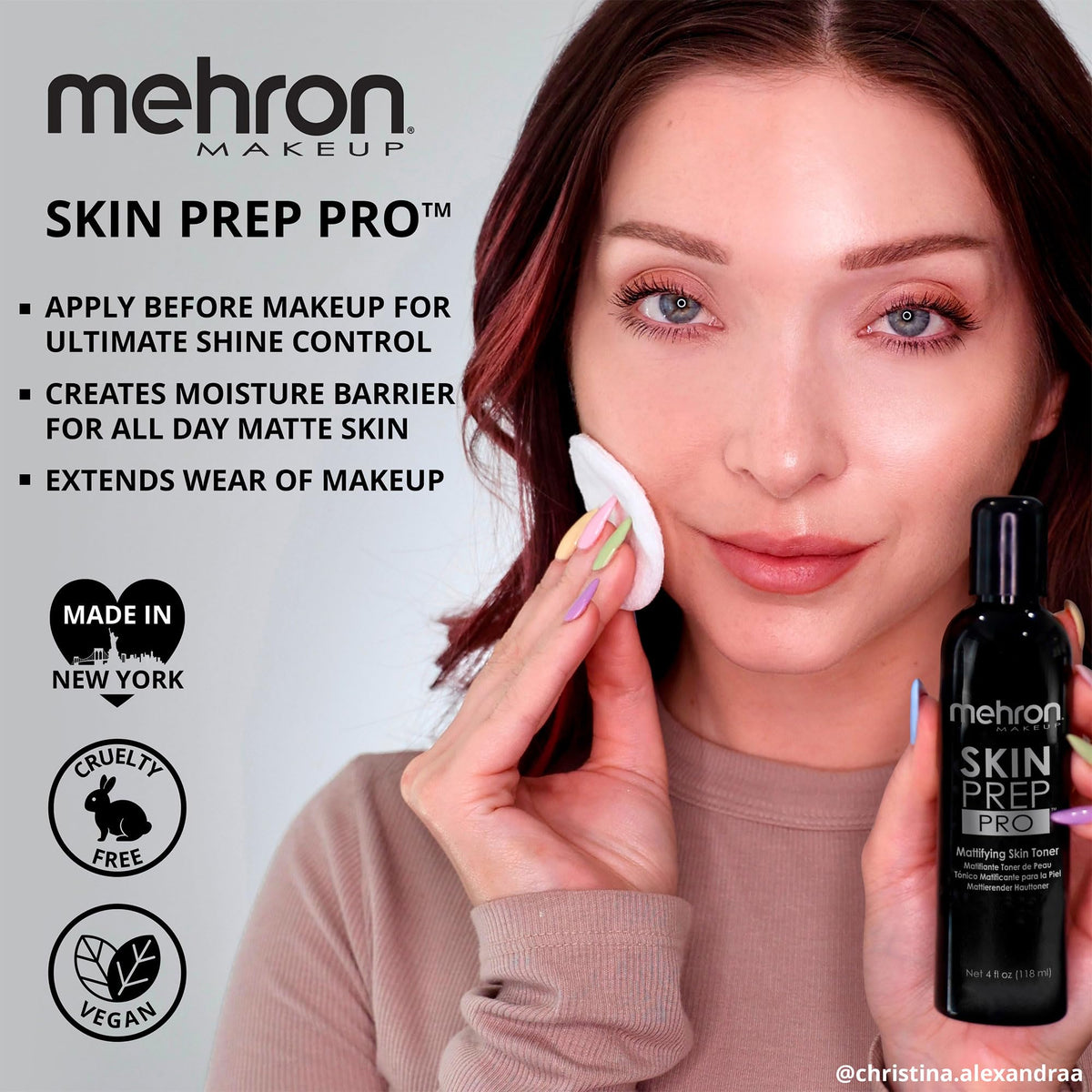 Mehron bottle beside brushes and foundation showing prep-for-makeup benefit