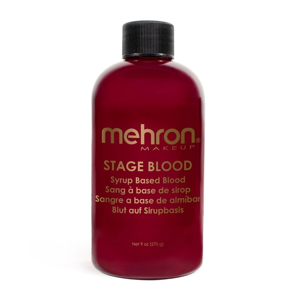 Mehron stage blood front jar showing label and 9 oz size benefit