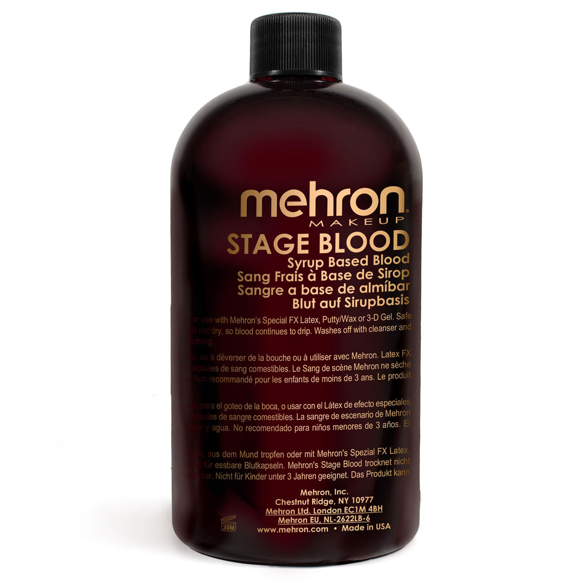 Mehron stage blood jar front showing product and usable for realistic effects
