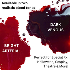 Mehron stage blood label details showing safety info and professional branding