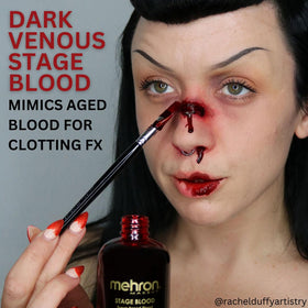 Mehron stage blood 16 oz bottle beside ruler showing true size and volume