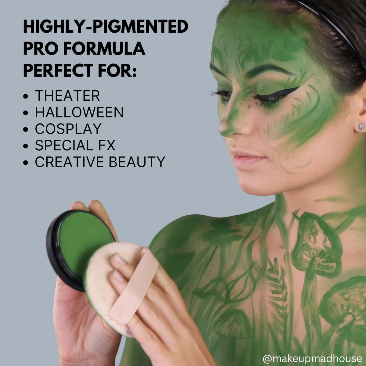 Mehron StarBlend Cake sealed with barrier spray emphasizing extended wear and sweat resistance